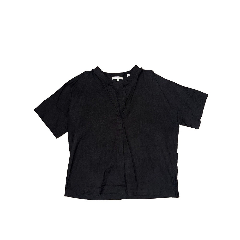 Vince Women's Solid Black Linen-Blend Split Neck Top Short Sleeve Size Small